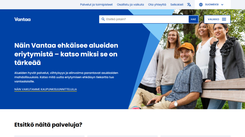 Vantaa city website homepage with navigation menu and hero section about preventing area segregation