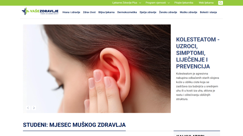 Health website article on cholesteatoma causes, symptoms, treatment, and prevention with ear image