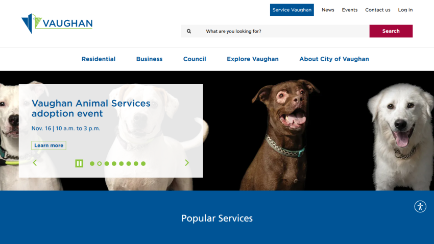 Vaughan Animal Services adoption event announcement with images of two dogs and navigation menu