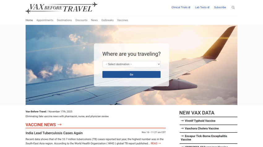 Vax Before Travel website with travel destination selector and latest vaccine news headlines