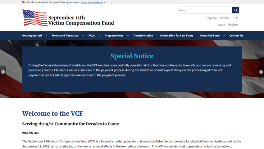 September 11th Victim Compensation Fund homepage with special notice about federal government shutdown and program information.