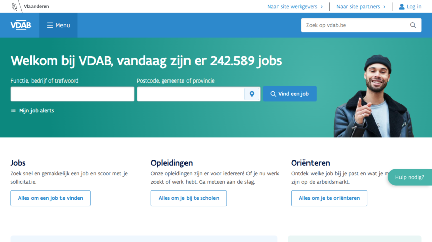 Homepage of VDAB displaying job search with 242,589 jobs available.