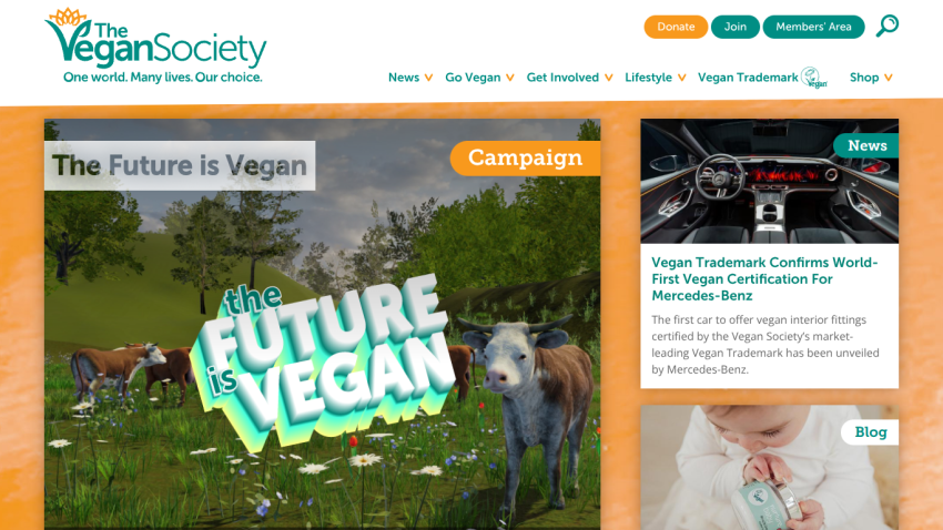 Homepage of The Vegan Society featuring 'The Future is Vegan' campaign and images of cows in a field.