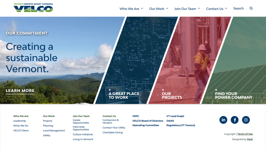 Vermont Electric Power Company homepage with commitment to sustainability and navigation links for work, team, and contact