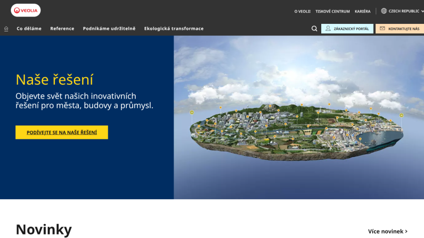 Veolia website hero section with innovative solutions for cities, buildings, and industry and a detailed cityscape image