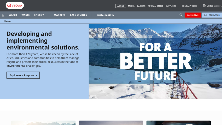 Veolia homepage with navigation bar and hero section promoting environmental solutions and a better future with snowy mountain background