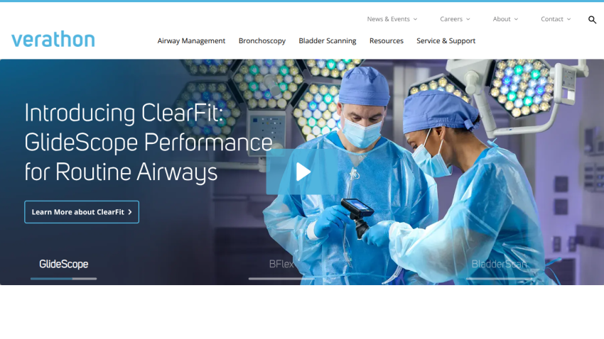 Verathon website introducing ClearFit GlideScope for routine airways with medical professionals in surgical attire