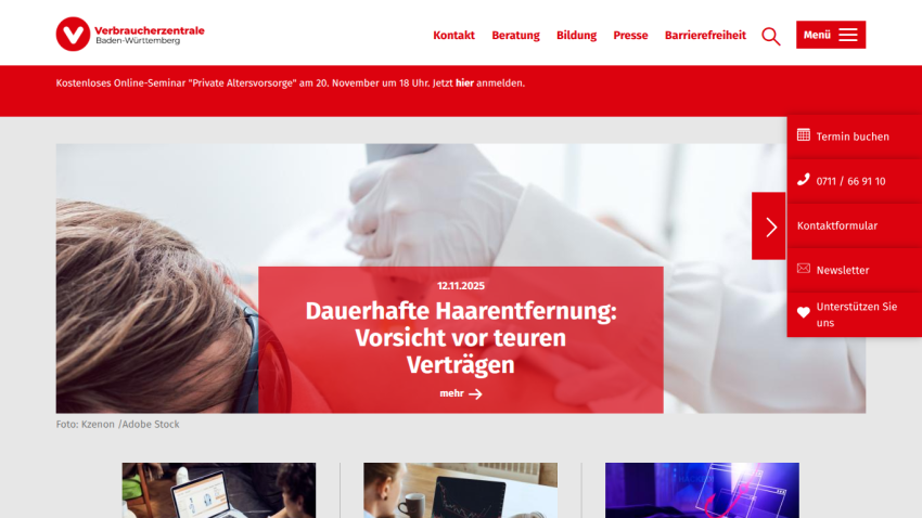 Website header with navigation and a hero article about permanent hair removal warnings dated 12.11.2025