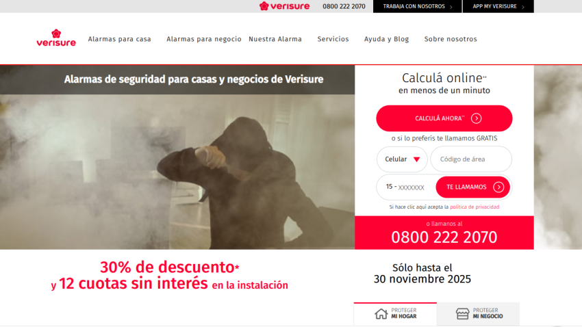 Website homepage showing security alarms for homes and businesses with a 30% discount offer and online quote calculator.