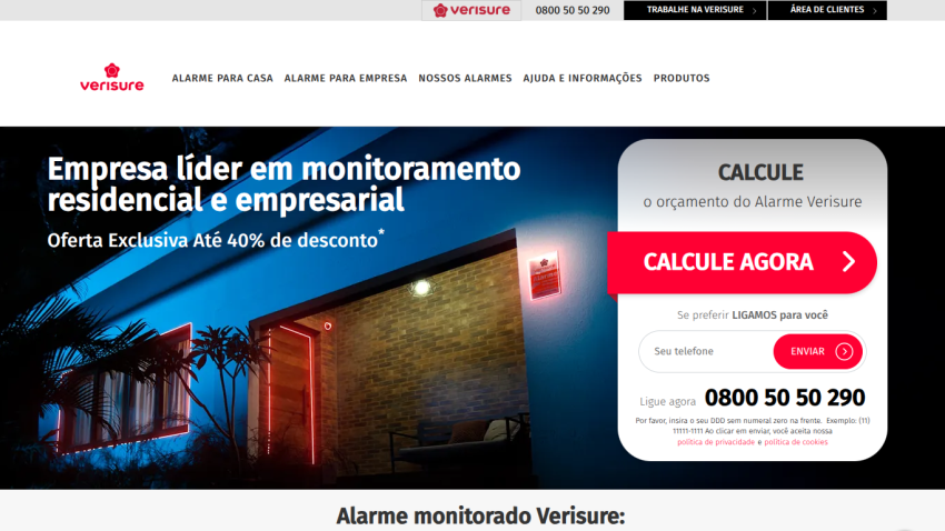 Homepage of Verisure featuring a security alarm offer and a prominent call-to-action button.