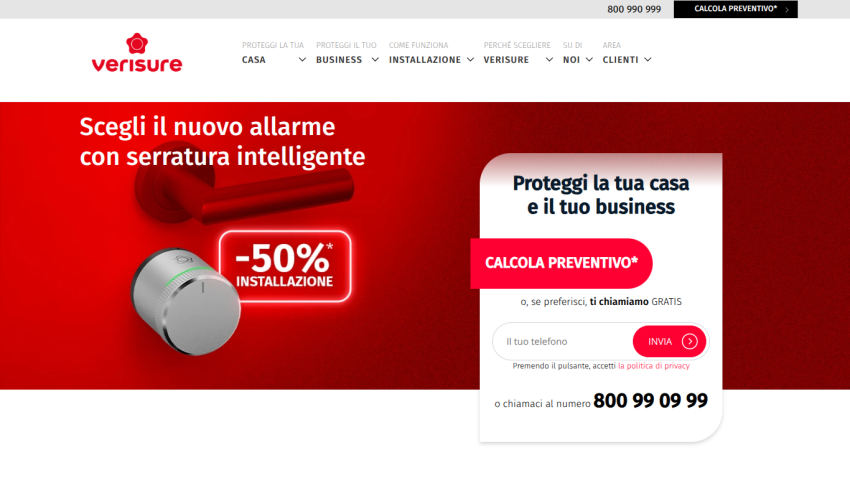 Verisure homepage offering a smart lock alarm with 50% installation discount and a form to calculate a quote or request a callback