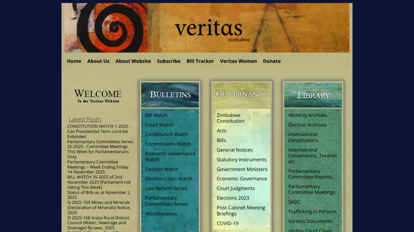 Veritas Zimbabwe website homepage with navigation menu and sections for Bulletins, Governance, and Library