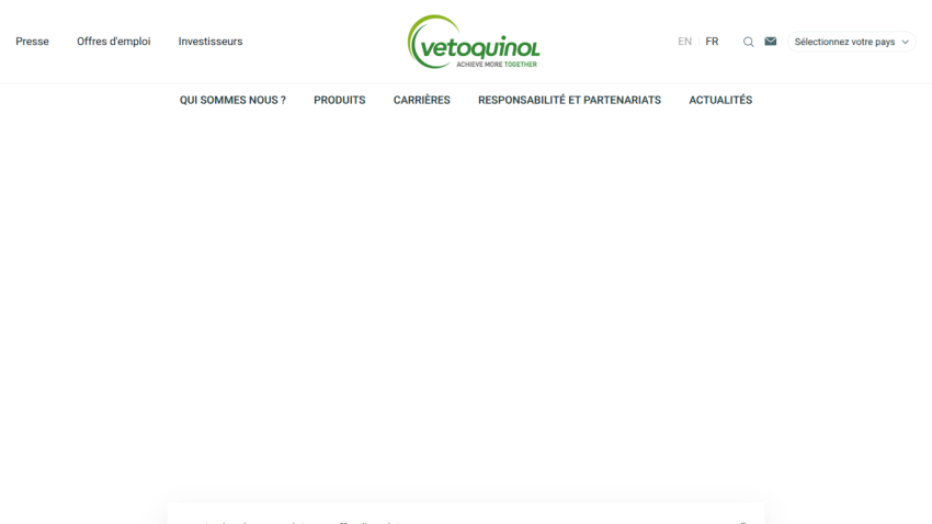 Vetoquinol website header with navigation and image of scientists working in a laboratory setting