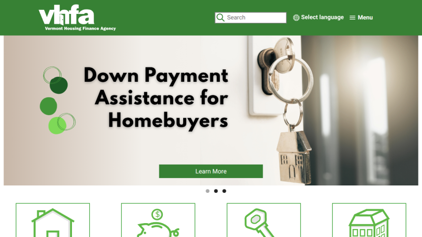 Vermont Housing Finance Agency homepage with down payment assistance for homebuyers and navigation menu