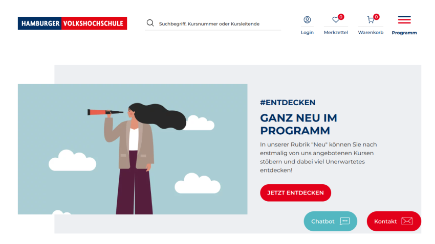 Hamburger Volkshochschule website with search bar, new program announcement, and buttons for discovery, chatbot, and contact