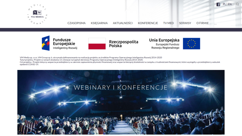 Website header with navigation and a hero image promoting webinars and conferences.