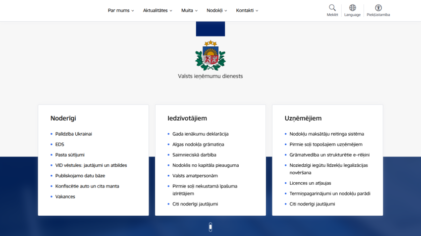 Website homepage featuring sections on services and information.