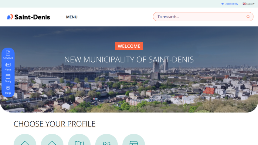 Welcome message and aerial view of the new municipality of Saint-Denis with navigation menu and search bar