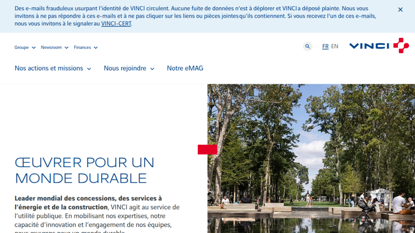 Homepage of VINCI featuring a sustainable development message and a park image.