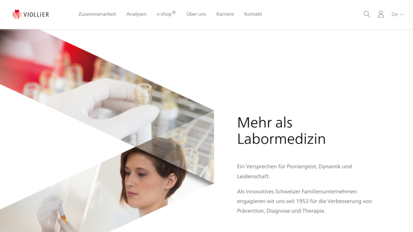Viollier website hero section with lab medicine theme and company promise text in German