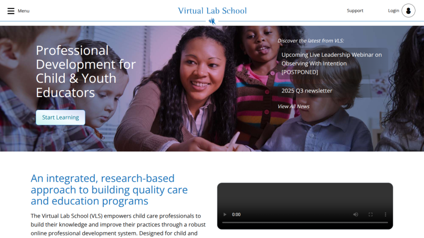 Virtual Lab School homepage offering professional development for child and youth educators with a start learning button and news updates