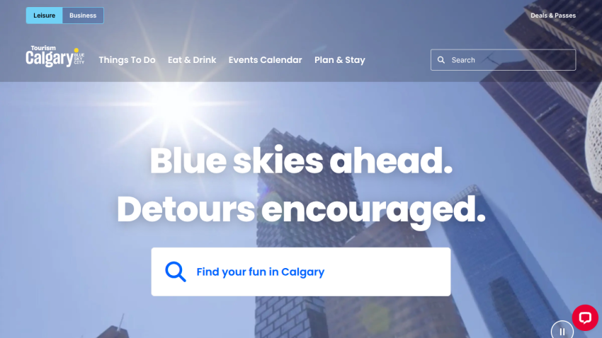 Tourism Calgary homepage with header menu and search bar under headline encouraging travel despite detours