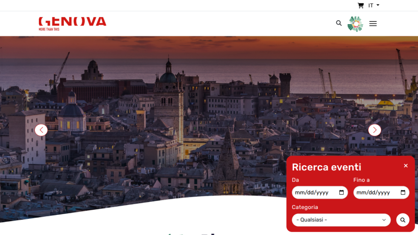 Genova cityscape at sunset with event search form and navigation menu in header
