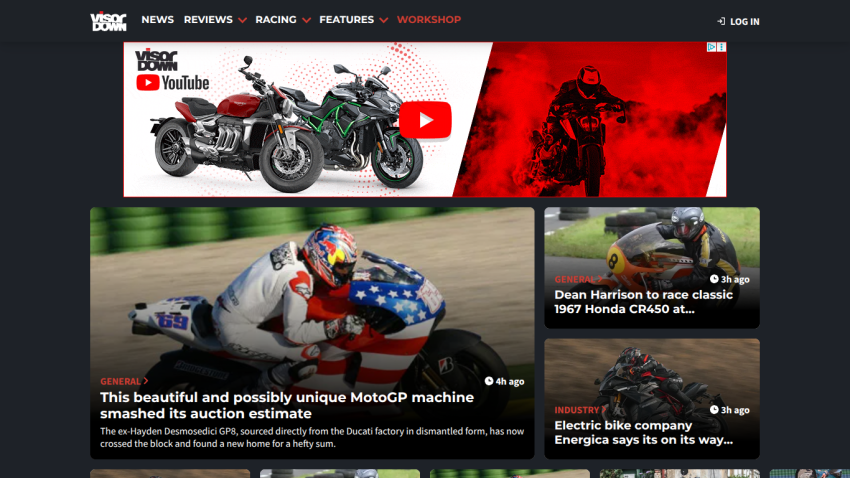 Homepage featuring motorcycle news, articles, and videos with a prominent video player.