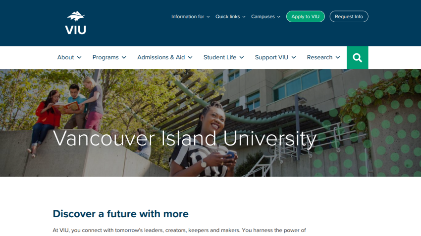 Vancouver Island University homepage featuring students and a welcoming message.