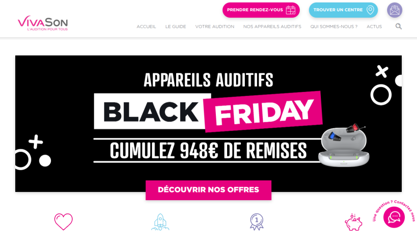 VivaSon website header with navigation and Black Friday hearing aid discount offer of 948 euros