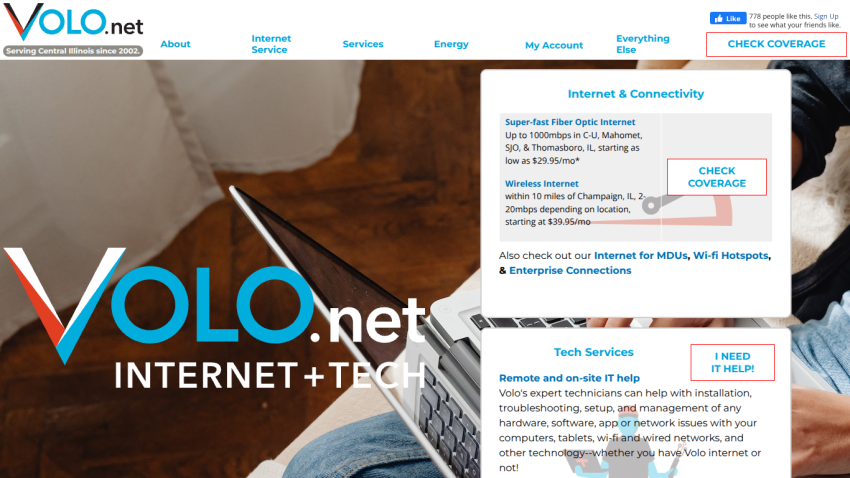 Volo.net homepage offering internet and tech services with fiber optic and wireless internet options and IT help