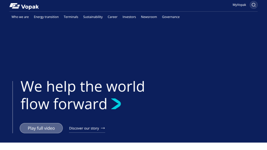 Corporate website hero section with headline 'We help the world flow forward' and buttons for video and story