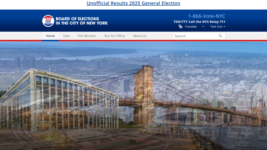 Board of Elections NYC website with navigation and aerial city view hero image