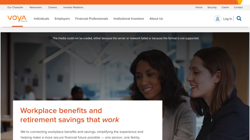 Voya homepage showcasing workplace benefits and retirement savings with two women discussing.