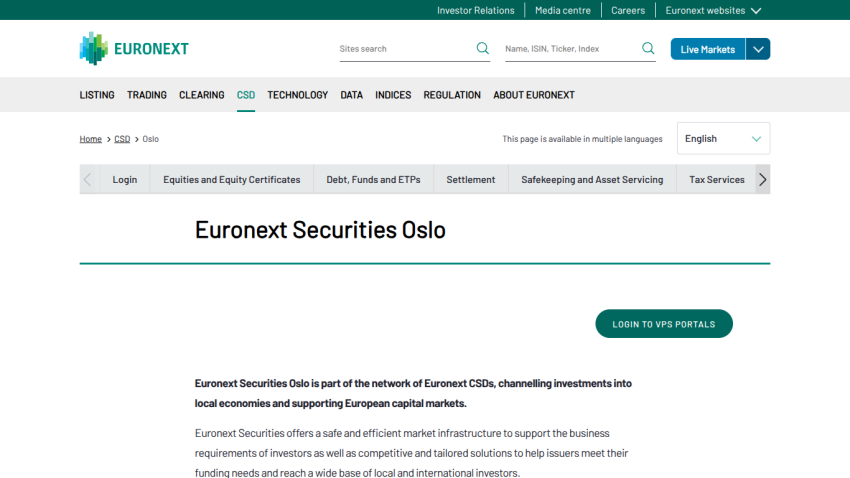 Euronext Securities Oslo page with navigation tabs and description of market infrastructure and investment support