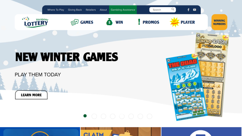 Vermont Lottery homepage promoting new winter games with scratch cards and navigation menu