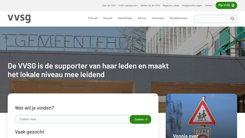 VVSG website with navigation menu, hero image of a building, and search bar for finding information