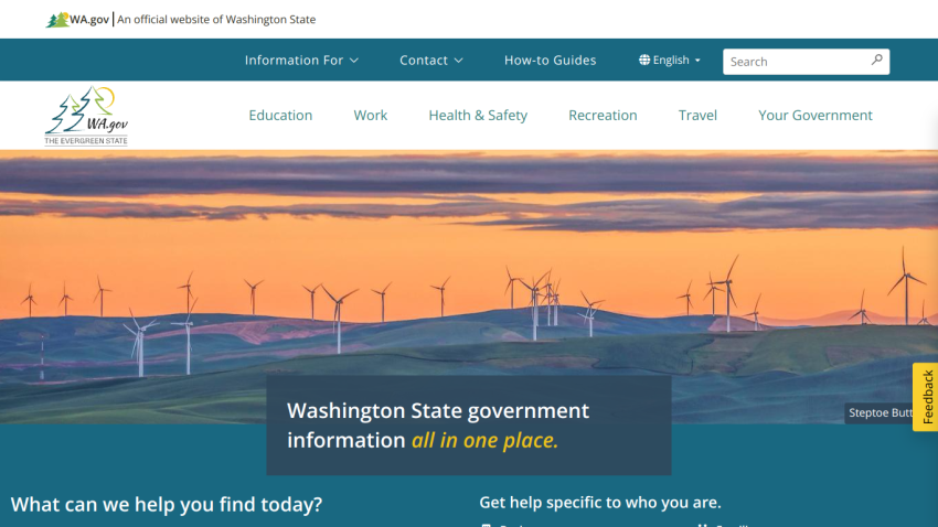 Washington State government website with navigation and a hero section inviting user assistance.