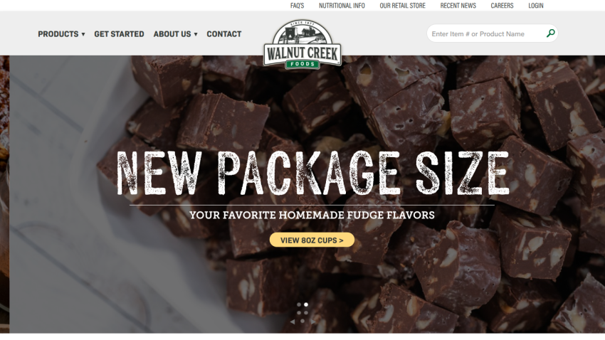 Walnut Creek Foods homepage featuring new package size for homemade fudge flavors with navigation and search bar.