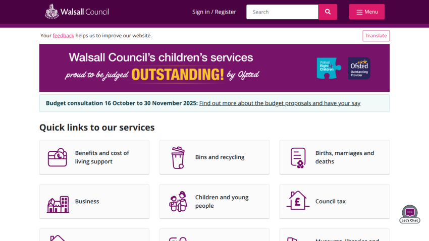 Walsall Council children's services page with navigation, search bar, and quick links to services like benefits, bins, business, and education