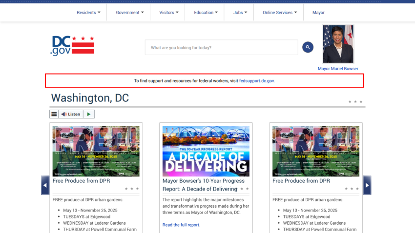 Washington DC government site with navigation, search bar, and featured content on free produce and mayor's 10-year progress report.