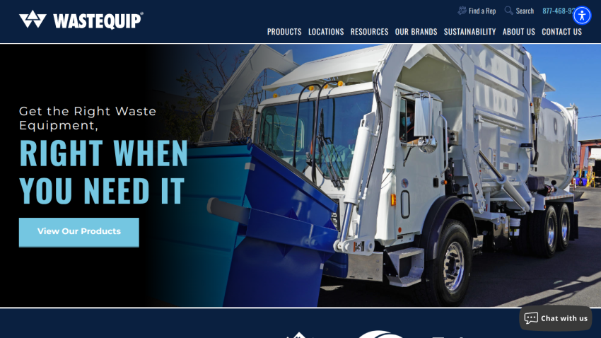 WasteQuip website hero with a garbage truck and text promoting waste equipment availability