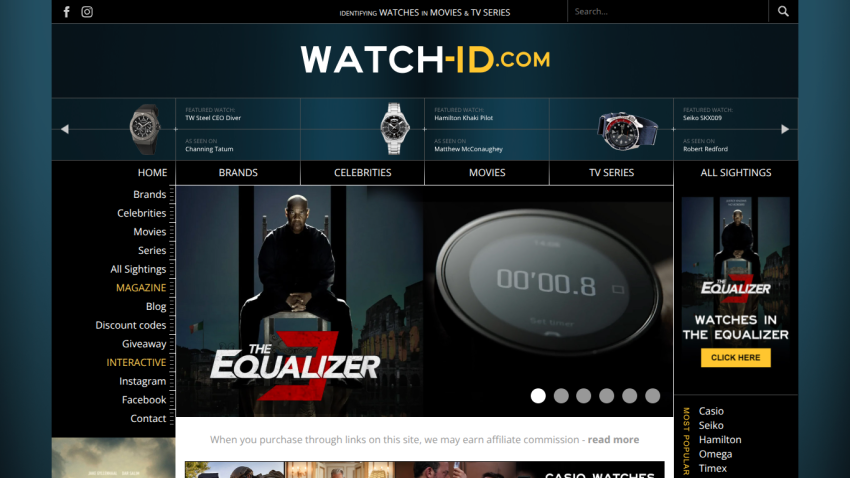 Watch-ID.com homepage featuring watches seen in movies and TV series, with navigation and a hero section highlighting The Equalizer 3.