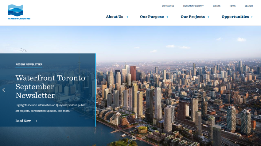 Waterfront Toronto website with navigation menu and newsletter highlight over city skyline hero image