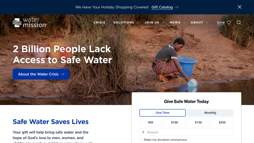 Water Mission homepage highlighting water crisis with call to action about the water crisis and donation options