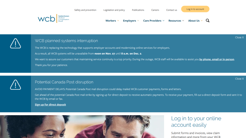 WCB Saskatchewan Workers' Compensation Board homepage with login prompt and system interruption notices