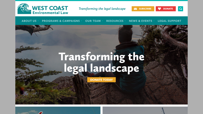 West Coast Environmental Law website with navigation and hero section stating 'Transforming the legal landscape' and a donate button.