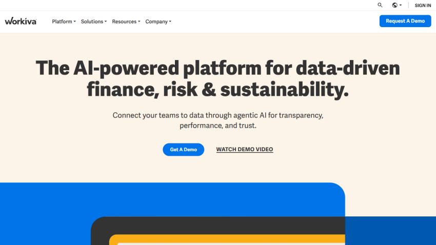 AI-powered platform for data-driven finance, risk, and sustainability with a call to action.