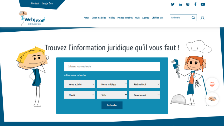 Legal information search page with filters for activity, legal form, fiscal regime, size, and department