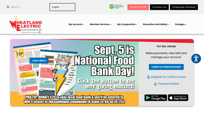 Wheatland Electric homepage promoting National Food Bank Day with a call to action.